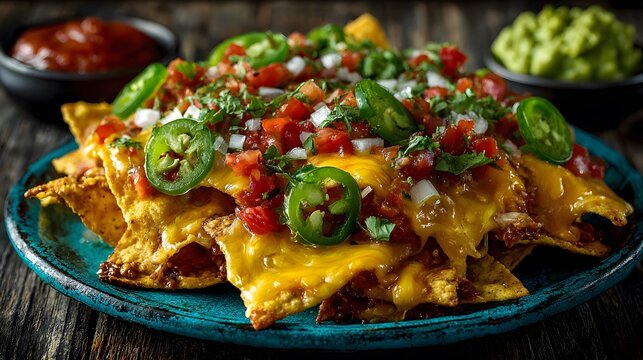 Plate of loaded nachos with melted cheese, salsa, jalapenos, and guacamole is served on a turquoise plate on a rustic wooden party table.
