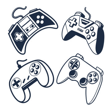 A collection of various video game controllers from different gaming consoles. Vector