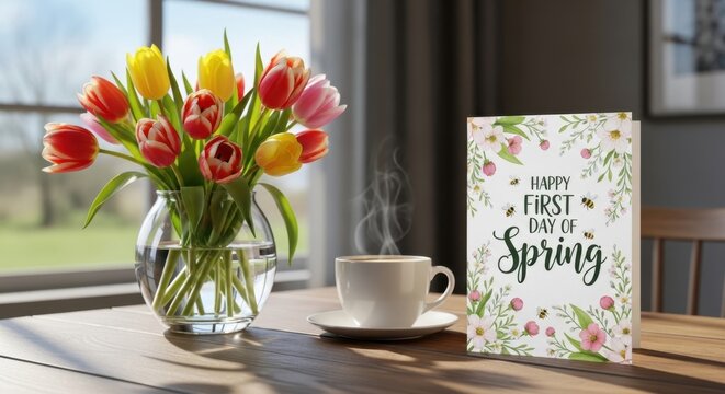 Bouquet of colorful tulips in glass vase, steaming cup of coffee and greeting card with text Happy First Day of Spring on wooden table