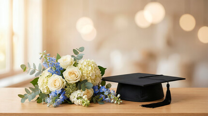 Graduation cap and floral bouquet on wooden table indoors  