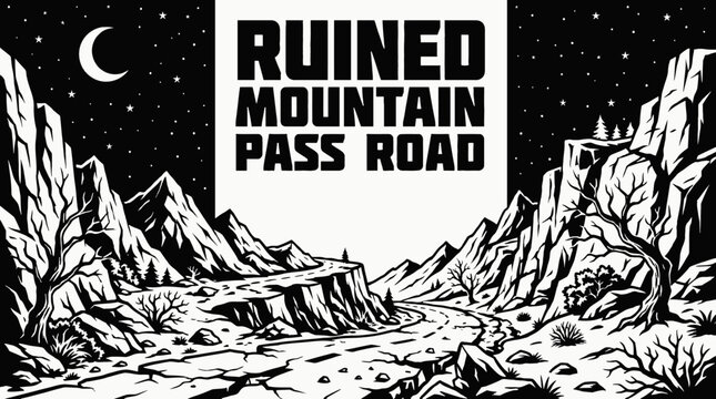 night historic mountain pass road landscape black and white with crescent moon and dense stars across rocky horizon showing ancient stone pathway and celestial astronomy galaxy environment