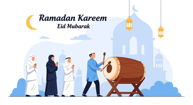 Ramadan Kareem and Eid Mubarak Celebration Illustration with Muslim People, Mosque Silhouette, and Bedug Drumming for Suhoor/Iftar Announcement