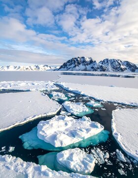 A serene winter landscape with floating icebergs in a frozen sea