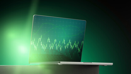 Laptop shows financial data with green light during night time