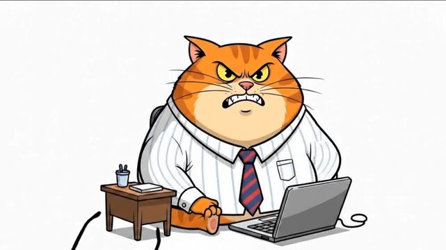 Angry ginger cat businessman in office wear working on laptop, grumpy feline manager expression transitioning from happy to frustrated, funny corporate cat character concept