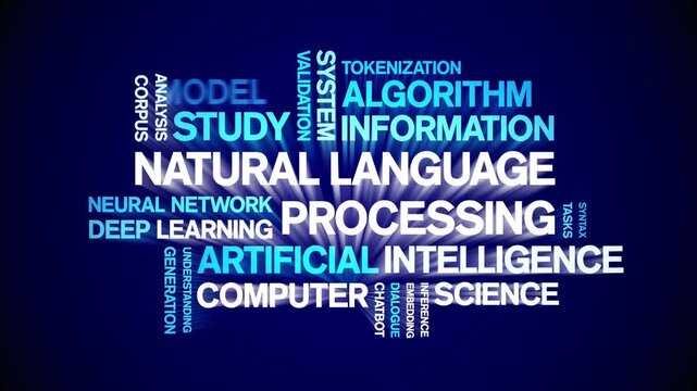 Natural Language Processing animated word cloud-text design animation tag kinetic typography seamless loop.