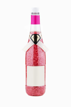 Pink Salt Crystals in Bottle Isolated, Bath Salt for Spa Relax, Cupric Sulfate or Copper Sulfate, Swimming Pool Algicide,