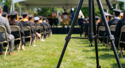 Graduation ceremony audience seated outdoors in raised chairs on grass  