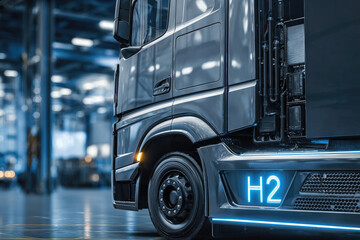 Hydrogen fuel cell truck in modern warehouse with blue lighting showing advanced clean energy technology and futuristic transportation for sustainable logistics