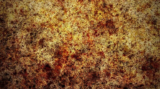 Grunge rusty metal texture animation, weathered industrial surface, loopable animation with warm gold and brown tones
