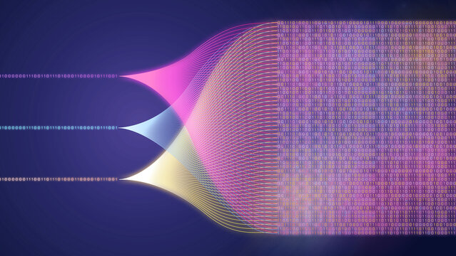 Data flow with colored streams showing binary information moving through a network