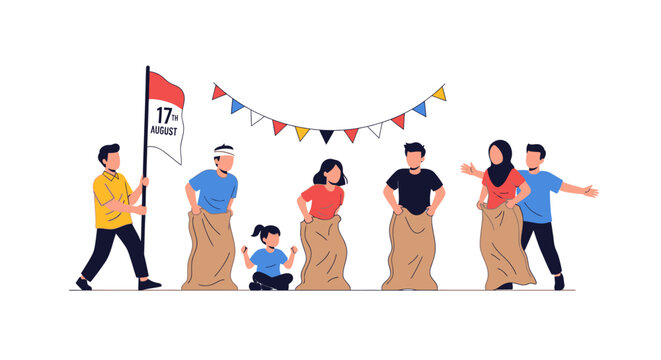 Indonesian Independence Day Celebration: People Playing Traditional Sack Race (Balap Karung) on 17th August with Flag and Bunting - Flat Vector Illustration
