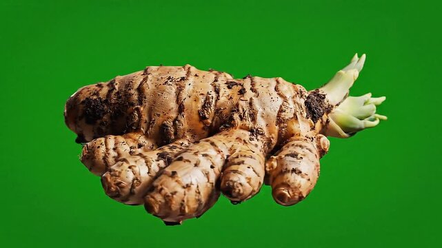 Vibrant Sprouting Turmeric Root Against a Green Backdrop, Highlighting Freshness and Natural Goodness for Culinary and Wellness Uses