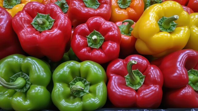 A detailed close-up view of vibrant bell peppers in a rich array of red, green, yellow, and orange hues, neatly arranged in rows, showcasing their perfectly smooth and glossy skins.