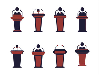 Set of eight cartoon people speaking at podiums with microphones