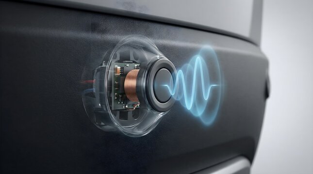 Advanced Car Ultrasonic Parking Sensor on Bumper Emitting Sound Waves. 3D Render Illustrating Modern Vehicle Safety, Smart Driving Assistance System, and Autonomous Technology.