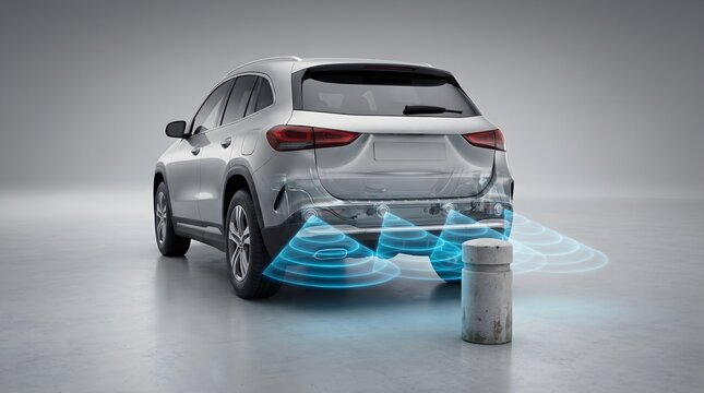 Modern Silver SUV with Advanced Parking Assist System. Rear View of Car's Smart Sensors Detecting Obstacle, Illustrating Automotive Safety Technology and ADAS Features.