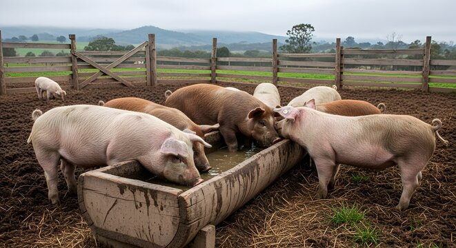 A group of domestic pigs feeding from a long wooden trough in a muddy outdoor pen on a farm, with fences and distant hills under a cloudy sky.