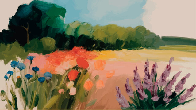 A vibrant impressionistic painting of a wildflower meadow and distant trees
