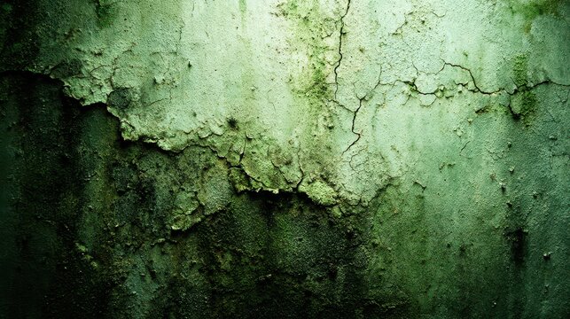 Abandoned wall texture: peeling green paint, cracked plaster, moody atmosphere