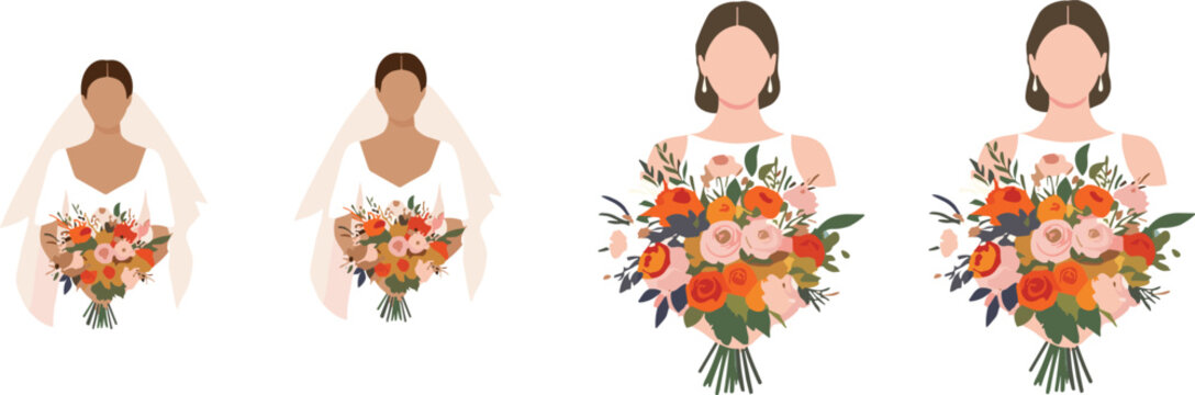 Elegant bride with wedding bouquet vector illustration set featuring floral arrangements and modern bridal portraits