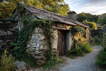 Ancient stone shed by a gravel path in a serene rural landscape
