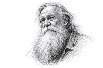 Detailed Pencil Sketch Portrait of an Elderly Man with a Long White Beard and Flowing Hair
