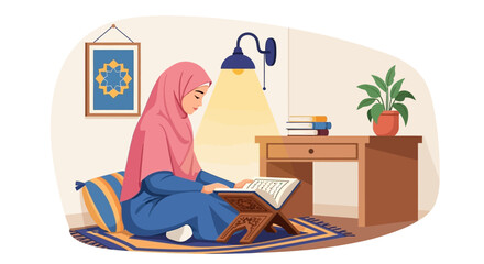 Fototapeta premium Muslim Woman Reading Quran at Home, Studying Holy Book