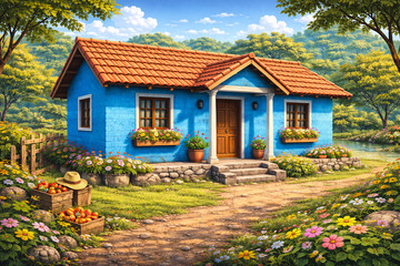 Charming Blue Countryside Cottage with Red Tiled Roof and Flower Garden in a Sunny Rural Landscape