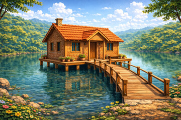 Picturesque Wooden Cottage on Stilts over a Calm Lake with a Long Wooden Bridge and Lush Forest Background