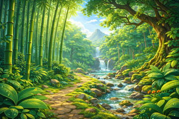 Scenic Tropical Landscape with Bamboo Forest Waterfall and Stone Path in Lush Jungle