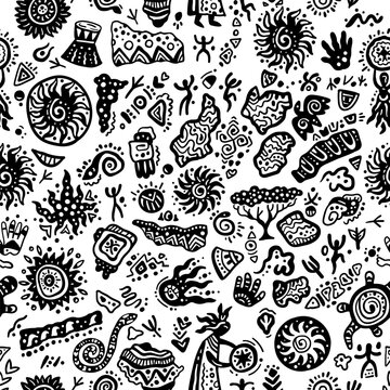 Africa shapes seamless pattern of ethnic symbols, drawings of Africans. Ethiopia. Vector illustration tribal geometric decoration background. Vector Ancient indian shapes and animal print doodles. 