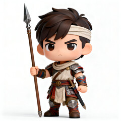 human spearman, long spear taller than character, cloth armor, headband, disciplined pose