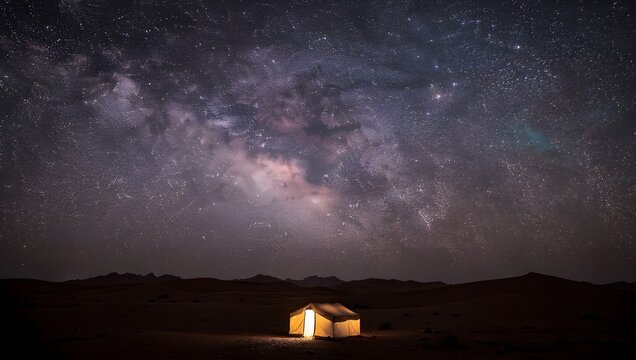 Milky Way Core over Sahara at Midnight - Vertical Gaze, Tent Glow, Billion Stars