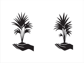 Two hands holding small palm plants growing in soil illustration
