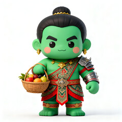 Thai giant villager, green skin, simple Thai patterned cloth, small golden ornaments, carrying basket of fruit