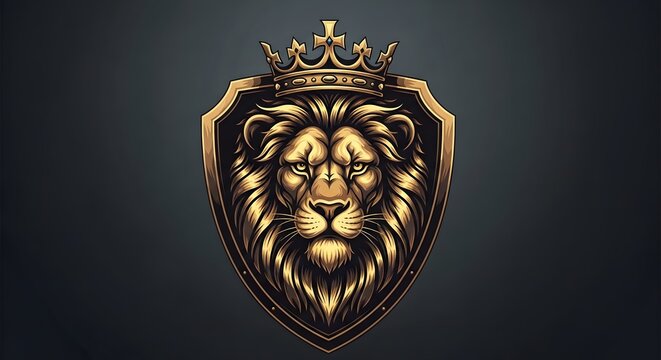 Regal lion's head emblem with crown on shield