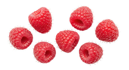 Fresh red raspberries isolated PNG on transparent background, delicious and juicy summer fruit for healthy eating and dessert