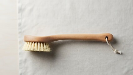 Wooden handled brush against white linen fabric, neutral and clean aesthetic