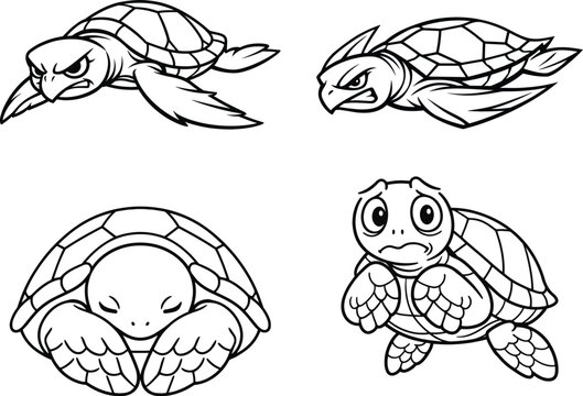 Angry and scared cartoon turtles, plus a sleeping one