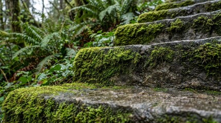 Fototapeta premium Green Moss Growing on Ancient Stone Steps in Forest
