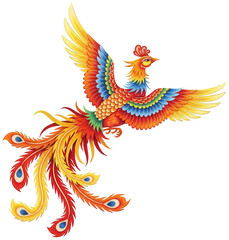 Obraz premium Colorful Phoenix png Mythical Bird cutout Traditional Fenghuang png Legendary Creature cutout Majestic Symbol png Vibrant Avian cutout isolated transparent background image