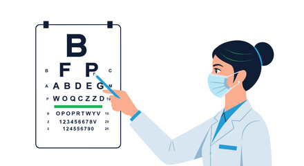 Female Optometrist in Mask Giving Eye Exam Using Snellen Vision Test Chart Illustration.