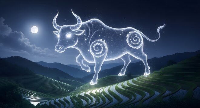 A luminous, ethereal bull constellation with glowing eyes and spiral patterns walks across moonlit terraced fields at night.