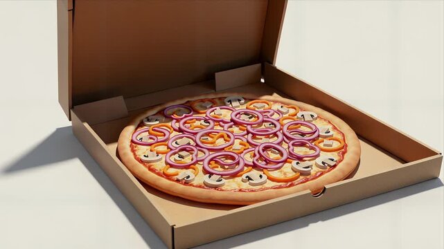 Freshly Baked Pizza Topped With Onions And Mushrooms Inside Open Cardboard Box, Realistic 3d Render Suitable For Food Advertising