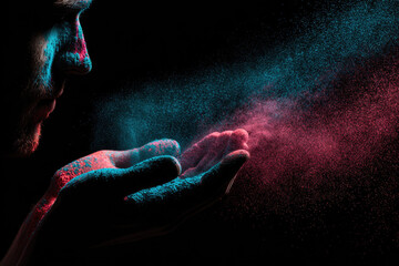 A man with his hand outstretched, surrounded by colorful particles in the dark