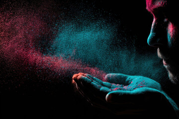 A man holds colorful powder in his hand against a dark background