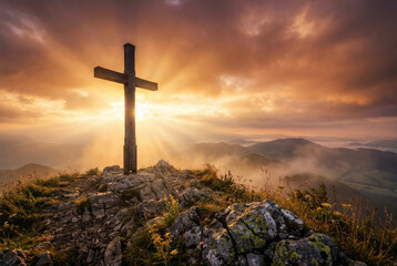Spiritual Sunrise Scene With Cross on Hilltop