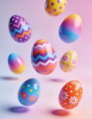 Colorful Easter Eggs Floating on Pastel Background