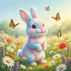 Whimsical Spring Bunny Surrounded by Colorful Wildflowers